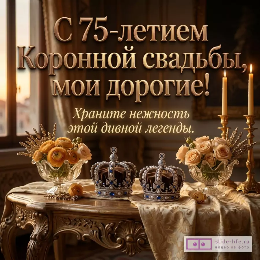 Две золотые короны, вазы с розами и зажженные свечи на резном столе. Текст: «С 75-летием Коронной свадьбы, мои! Храните нежность этой дивной легенды.»