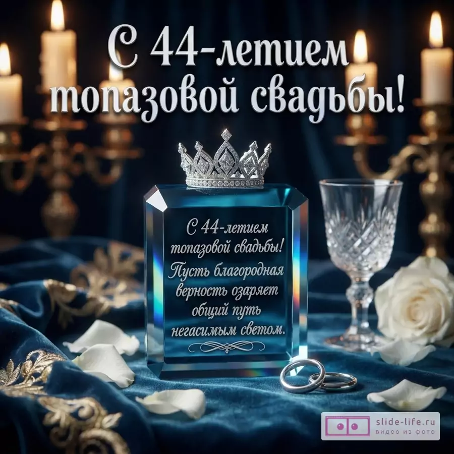 Темно-синий фон, свечи, хрустальный кубок, белая роза, лепестки. На переднем плане прозрачный кристалл с надписью «С 44-летием топазовой свадьбы! Пусть благородная верность озаряет общий путь негасимым светом.». Сверху кристалла серебряная корона, рядом два обручальных кольца.
