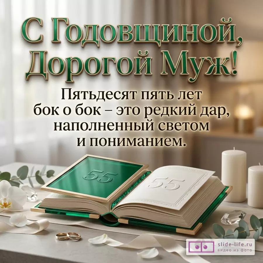 Открытка с текстом «С Годовщиной, Дорогой Муж! Пятьдесят пять лет бок о бок – это редкий дар, наполненный светом и пониманием.» Бежевый фон, зеленая книга «55», белые свечи, кольца, белые цветы, лента, листья