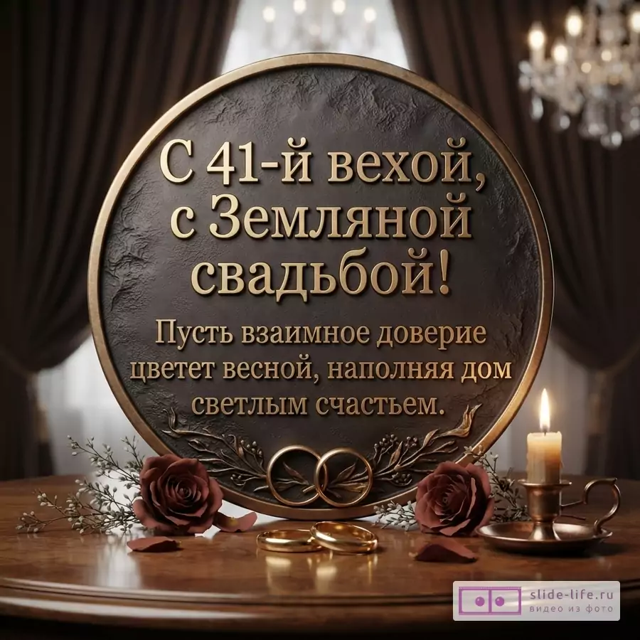 Круглая табличка под бронзу с золотыми буквами на фоне штор и люстры, на столе свеча, розы, обручальные кольца. Надпись «С 41-й вехой, с Земляной свадьбой! Пусть взаимное доверие цветет весной, наполняя дом светлым счастьем.»