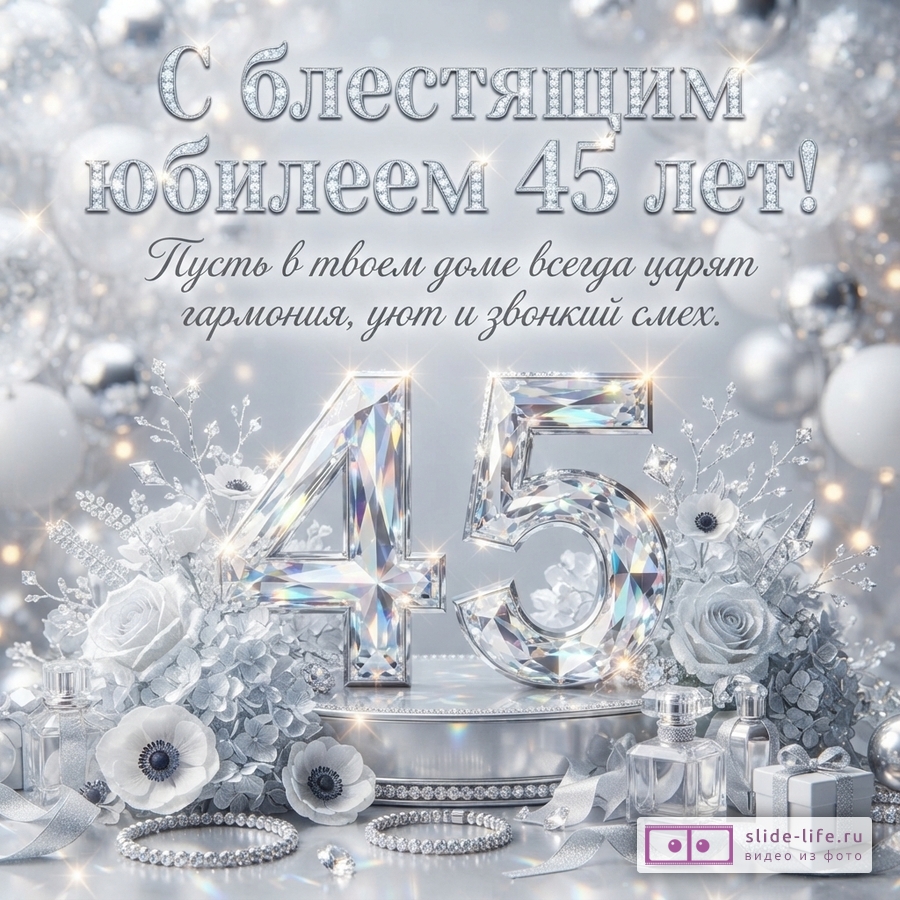 Открытка с белым фоном, серебристыми шарами и цветами. В центре крупные цифры «45» из кристаллов. Текст: «С блестящим юбилеем 45 лет! Пусть в твоем доме всегда царят гармония, уют и звонкий смех.»