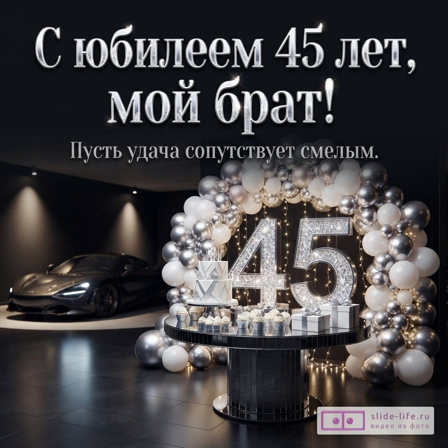 Черный фон, серебристые буквы, цифры 45, шары, торт, кексы, подарки, машина. Текст: «С юбилеем 45 лет, мой брат! Пусть удача сопутствует смелым.»