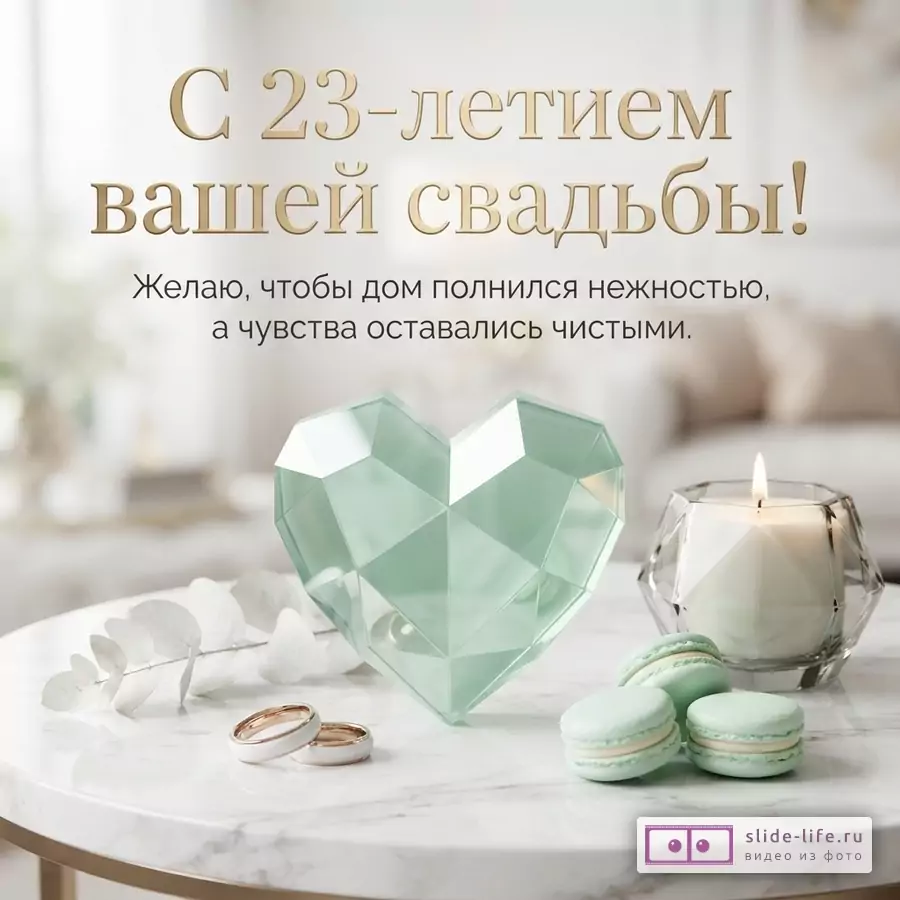 Граненое сердце из светло-зеленого стекла, обручальные кольца, свеча и макаруны на мраморном столике с текстом «С 23-летием вашей свадьбы!»