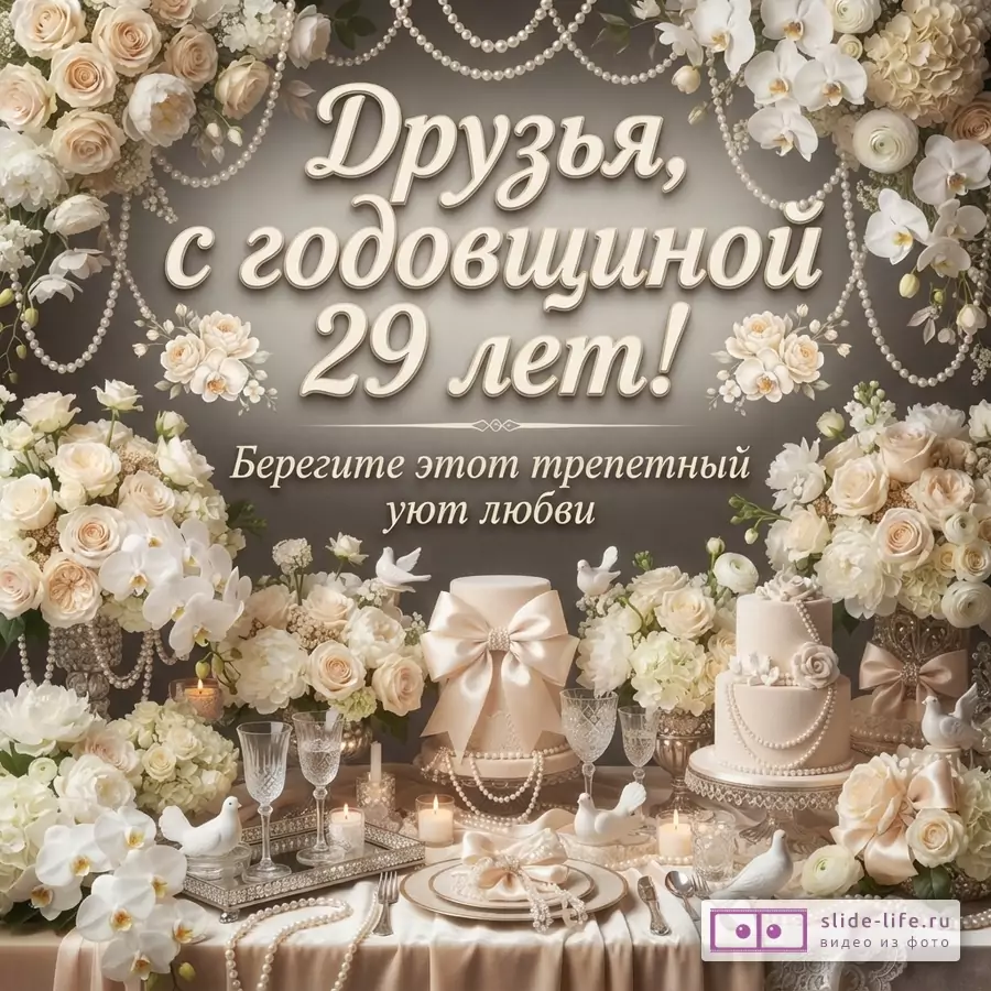 Открытка с бежевым фоном, украшенная белыми цветами, жемчужными бусами и двумя праздничными тортами. Текст: «Друзья, с годовщиной 29 лет! Берегите этот трепетный уют любви.»