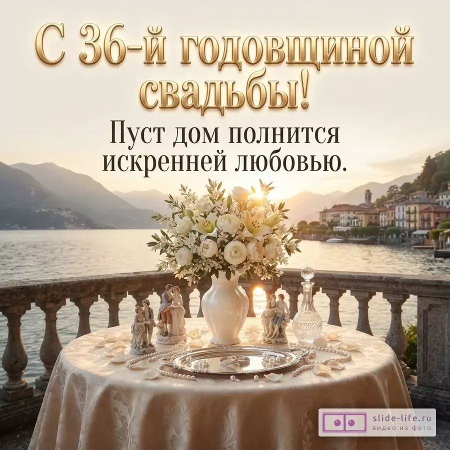 Открытка с бежевым фоном, на переднем плане стол с белой скатертью, на нем ваза с белыми цветами, статуэтки, бусы. На заднем плане озеро, горы, дома. Текст: «С 36-й годовщиной свадьбы! Пусть дом полнится искренней любовью.»