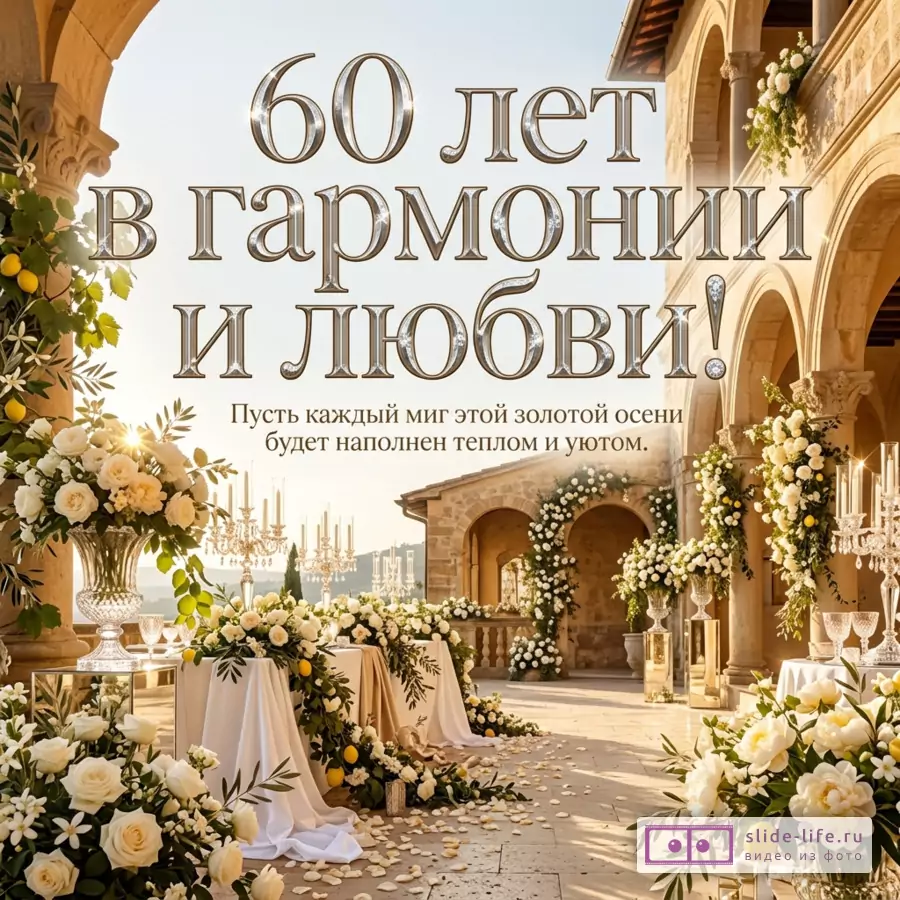 Свадебная открытка с арками, бело-золотым оформлением, цветочными композициями, свечами и текстом «60 лет в гармонии и любви! Пусть каждый миг этой золотой осени будет наполнен теплом и уютом.»