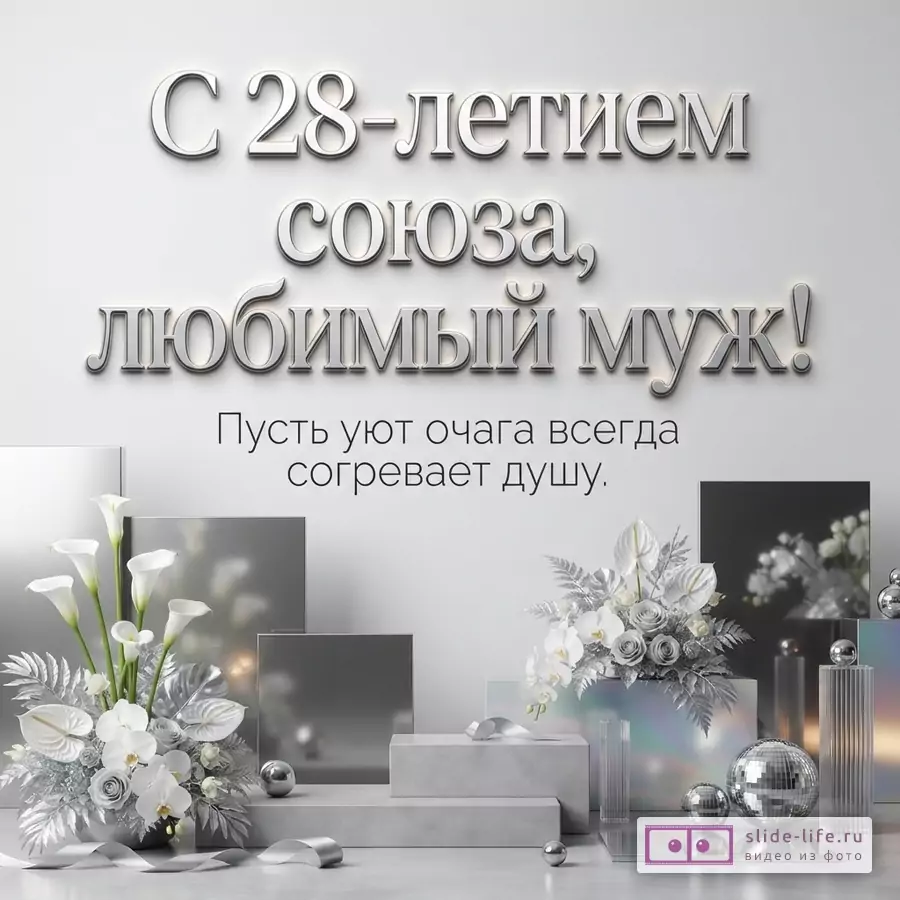 Белый фон, серебряные буквы. Внизу композиция из белых цветов, серебряных листьев, шаров и кубов. Текст: «С 28-летием союза, любимый муж! Пусть уют очага всегда согревает душу.»