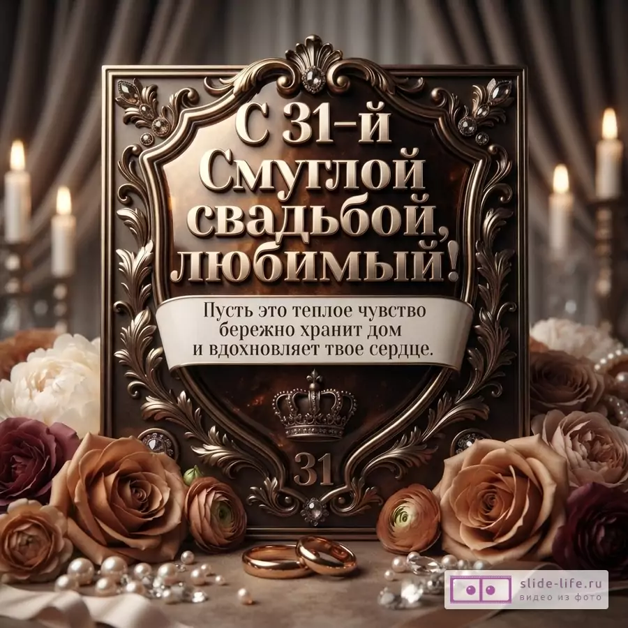 Открытка на коричневом фоне с золотистой рамкой и текстом «С 31-й Смуглой свадьбой, любимый! Пусть это теплое чувство бережно хранит дом и вдохновляет твое сердце.»