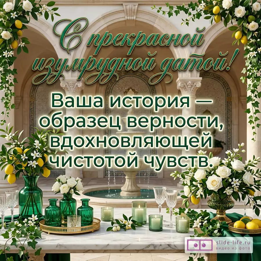 Открытка с текстом «С красивой изумрудной датой! Ваша история – образец верности, вдохновляющий чистотой чувств.» арки, фонтан, бело-бежевый фон, зеленые вазы, белые розы, лимоны, свечи, бокалы