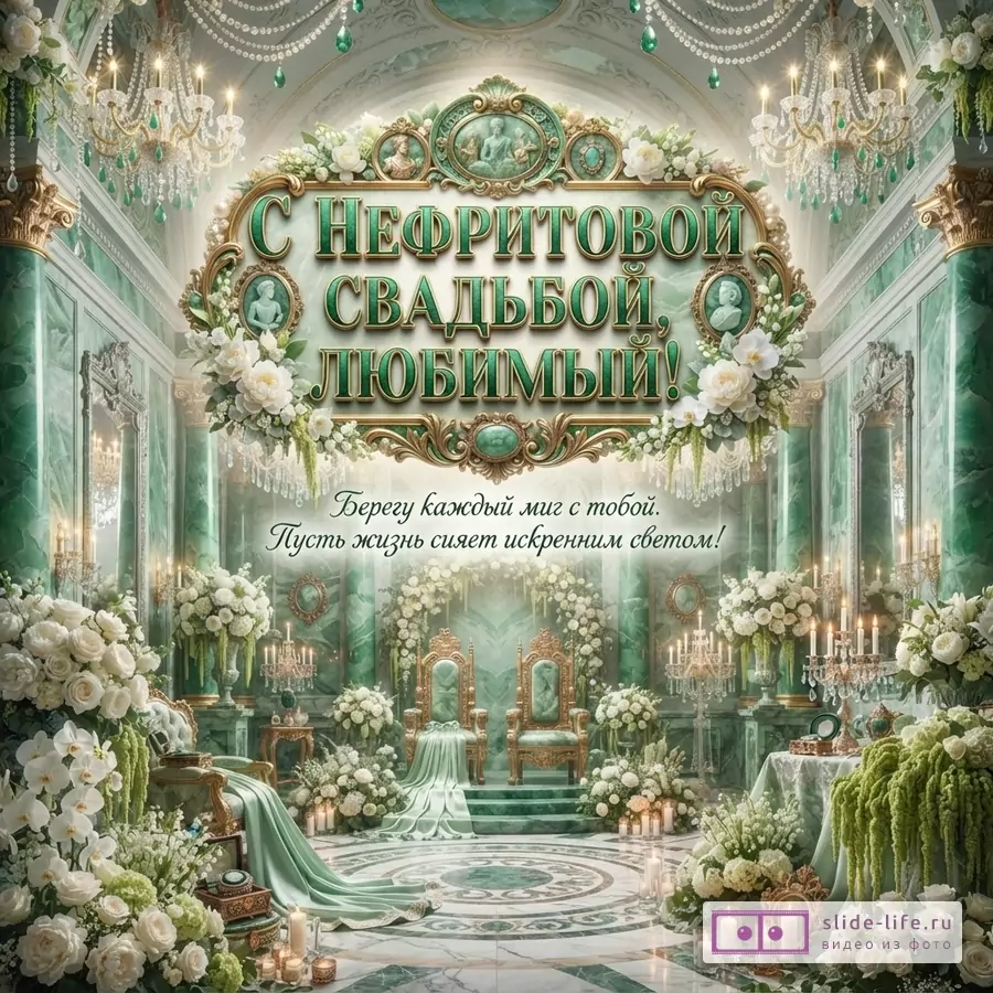 Зеленый роскошный зал с цветами, свечами и золотым декором. Текст «С Нефритовой свадьбой, любимый! Беру каждый миг с тобой. Пусть жизнь сияет искренним светом!»