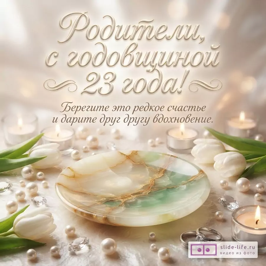 «Родители, с годовщиной 23 года! Берегите это редкое счастье и дарите друг другу вдохновение.» Бежевый фон, свечи, белые тюльпаны, жемчуг, мраморная тарелка и кольца.