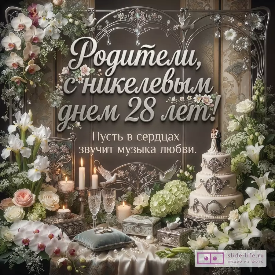 Открытка с цветами, свечами, свадебным тортом и обручальными кольцами на подушечке. Фон темно-коричневый. Текст: «Родители, с никелевым днем 28 лет! Пусть в сердцах звучит музыка любви.»
