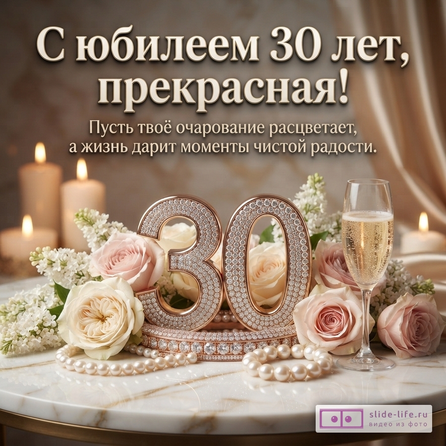 Инкрустированная кристаллами цифра 30, бокал шампанского, розы, свечи и жемчуг с текстом «С юбилеем 30 лет, прекрасная! Пусть твоё очарование расцветает, а жизнь дарит моменты чистой радости.»