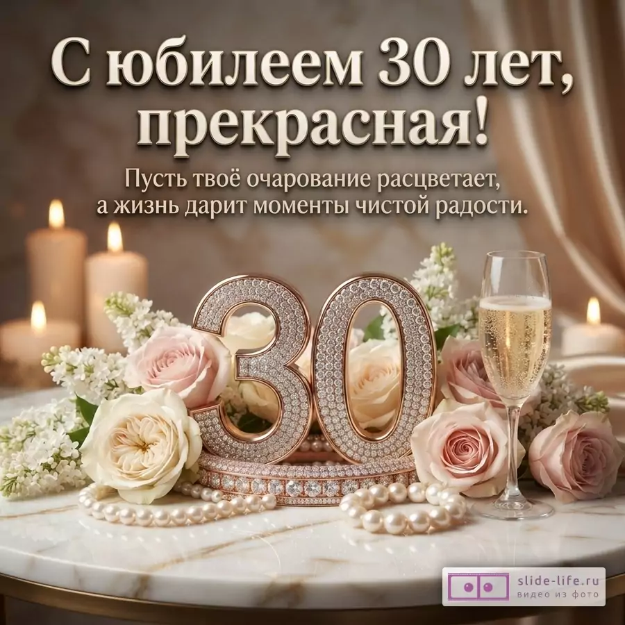 Инкрустированная кристаллами цифра 30, бокал шампанского, розы, свечи и жемчуг с текстом «С юбилеем 30 лет, прекрасная! Пусть твоё очарование расцветает, а жизнь дарит моменты чистой радости.»