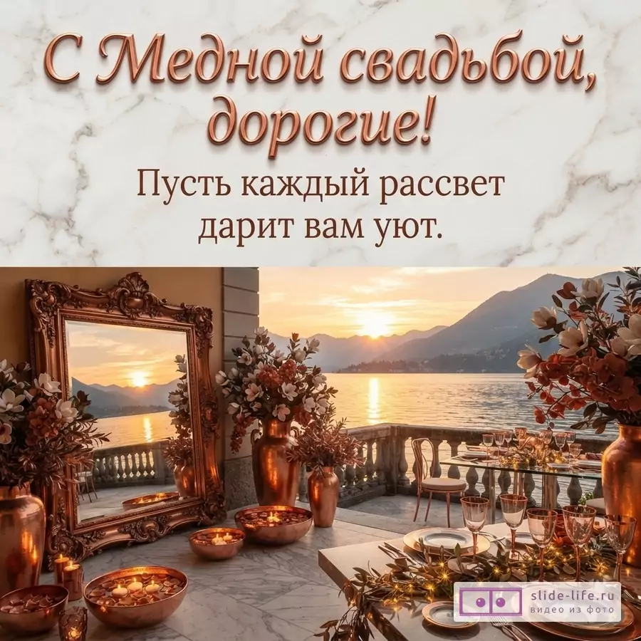 Фон мраморный, белый с серыми прожилками. Внизу терраса с видом на озеро и горы на закате. На террасе зеркало в медной раме, медные вазы с цветами, чаши с плавающими свечами, сервированный стол. Текст «С Медной свадьбой, дорогие! Пусть каждый рассвет дарит вам уют.»