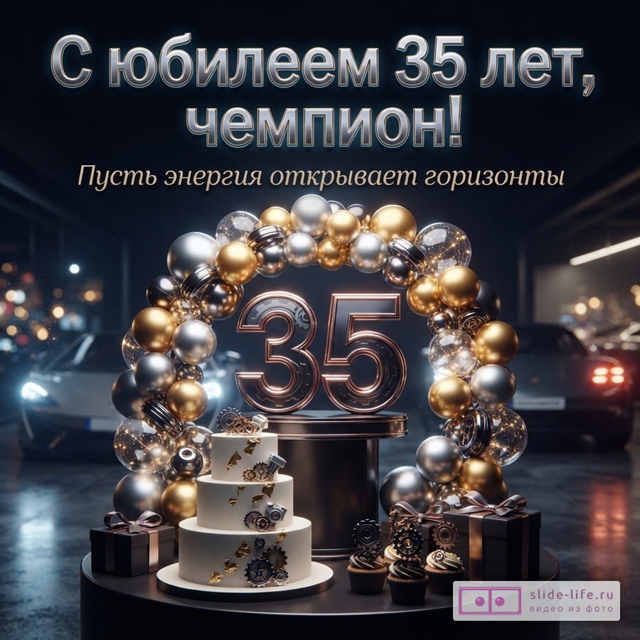 Металлическая цифра 35 в арке из серебряных и золотых шаров, белый торт, капкейки и спорткары на темном фоне с надписью «С юбилеем 35 лет, чемпион! Пусть энергия открывает горизонты».