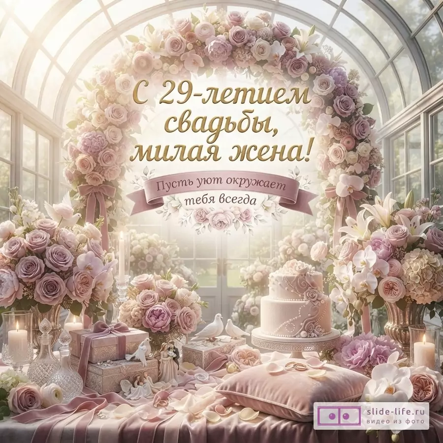 Пастельная свадебная композиция с цветочной аркой, розами, свечами, подарками и тортом. Текст «С 29-летием свадьбы, милая жена! Пусть уют окружает тебя всегда.»