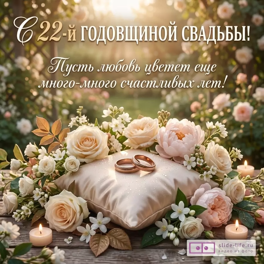Нежный размытый зеленый фон, цветы, свечи, белая подушка с обручальными кольцами, текст «С 22-й годовщиной свадьбы! Пусть любовь цветет еще много-много счастливых лет!»