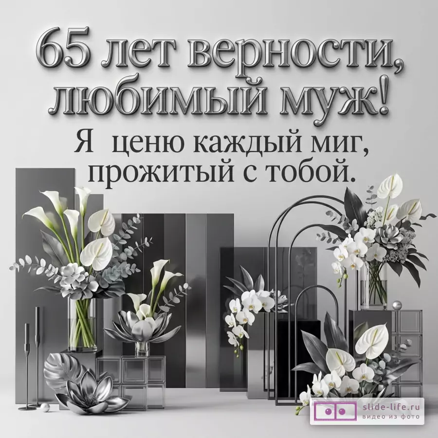 Серая открытка с белыми и серебристыми цветочными композициями, стеклянными вазами и декоративными панелями, текст «65 лет верности, любимый муж! Я ценю каждый миг, прожитый с тобой.»