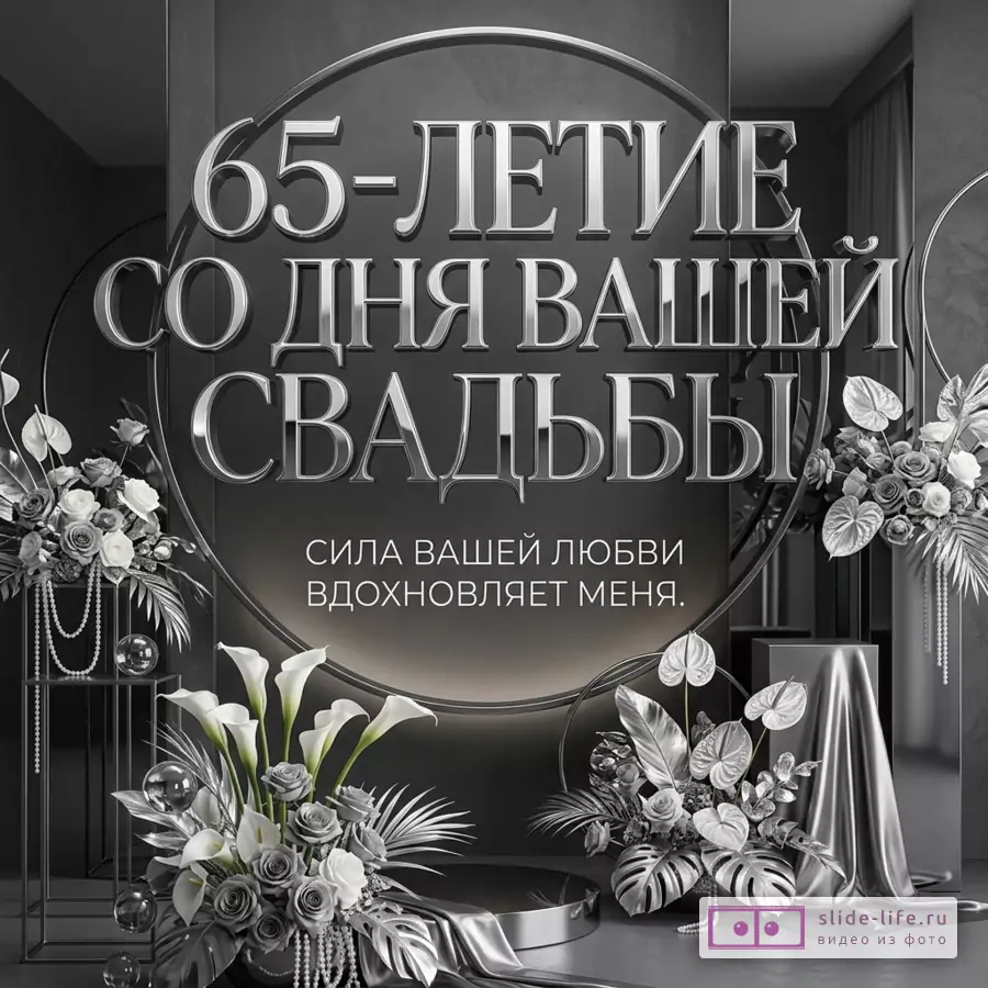 Серая открытка с цветочными композициями, каллами, розами, декоративными кругами и текстом «65-ЛЕТИЕ СО ДНЯ ВАШЕЙ СВАДЬБЫ СИЛА ВАШЕЙ ЛЮБВИ ВДОХНОВЛЯЕТ МЕНЯ.»