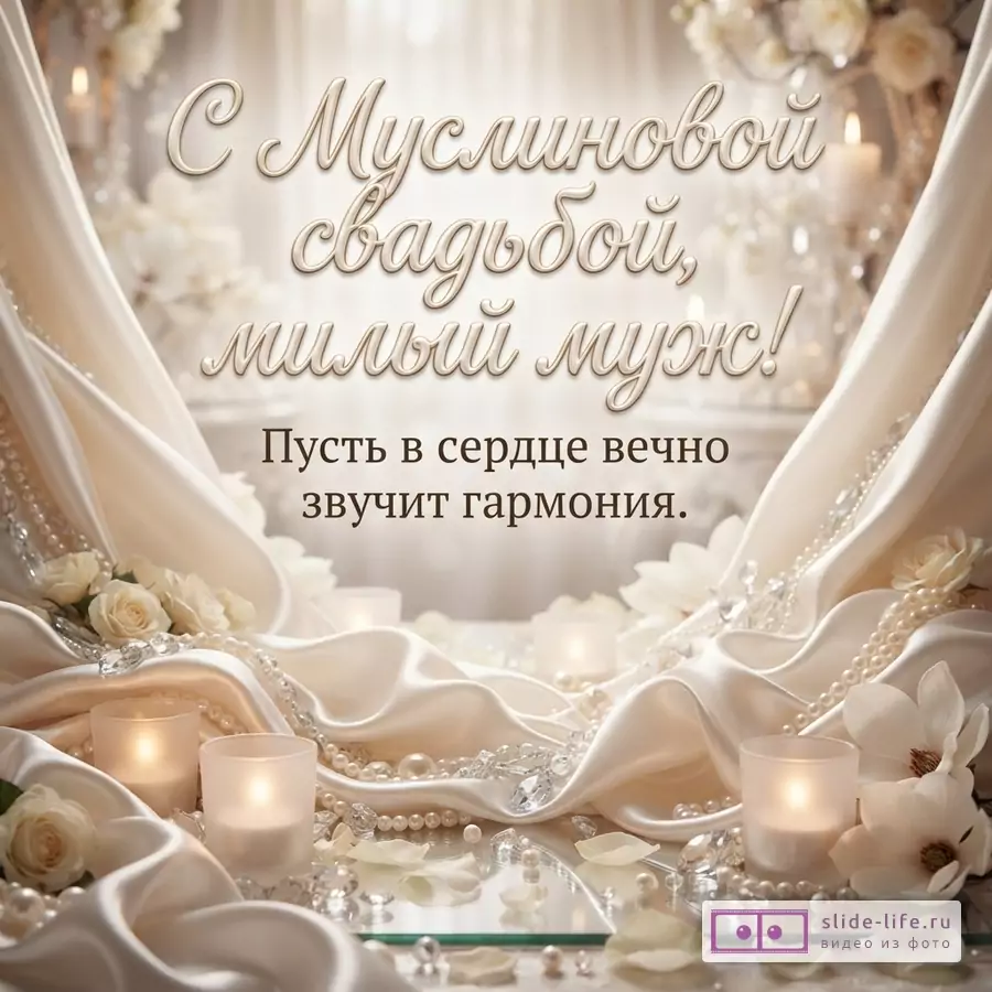 Открытка с бежевым фоном, драпировками из атласной ткани, жемчугом, стразами, свечами и белыми розами. Текст: «С Муслиновой свадьбой, милый муж! Пусть в сердце вечно звучит гармония.»