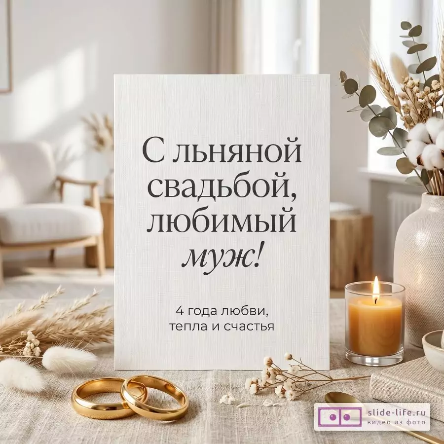 Бежево-белый фон, открытка с текстом «С льняной свадьбой, любимый муж! 4 года любви, тепла и счастья», обручальные кольца, свеча, ваза с сухоцветами.
