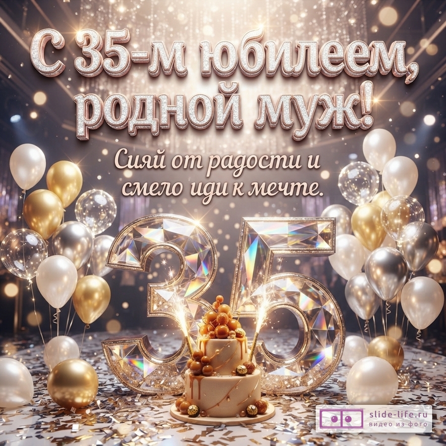 Объемная хрустальная цифра 35 с праздничным тортом, золотыми и серебряными шарами на фоне с надписью «С 35-м юбилеем, родной муж! Сияй от радости и смело иди к мечте.»