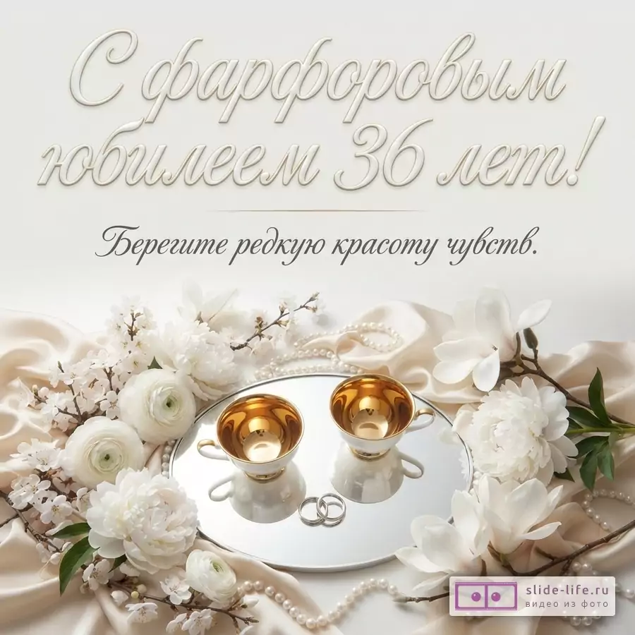 Белый фон, две белые чашки с золотой внутренней поверхностью на серебряном подносе, два серебряных кольца, белые цветы, жемчуг, бежевая ткань. Текст: «С фарфоровым юбилеем 36 лет! Берегите редкую красоту чувств.»