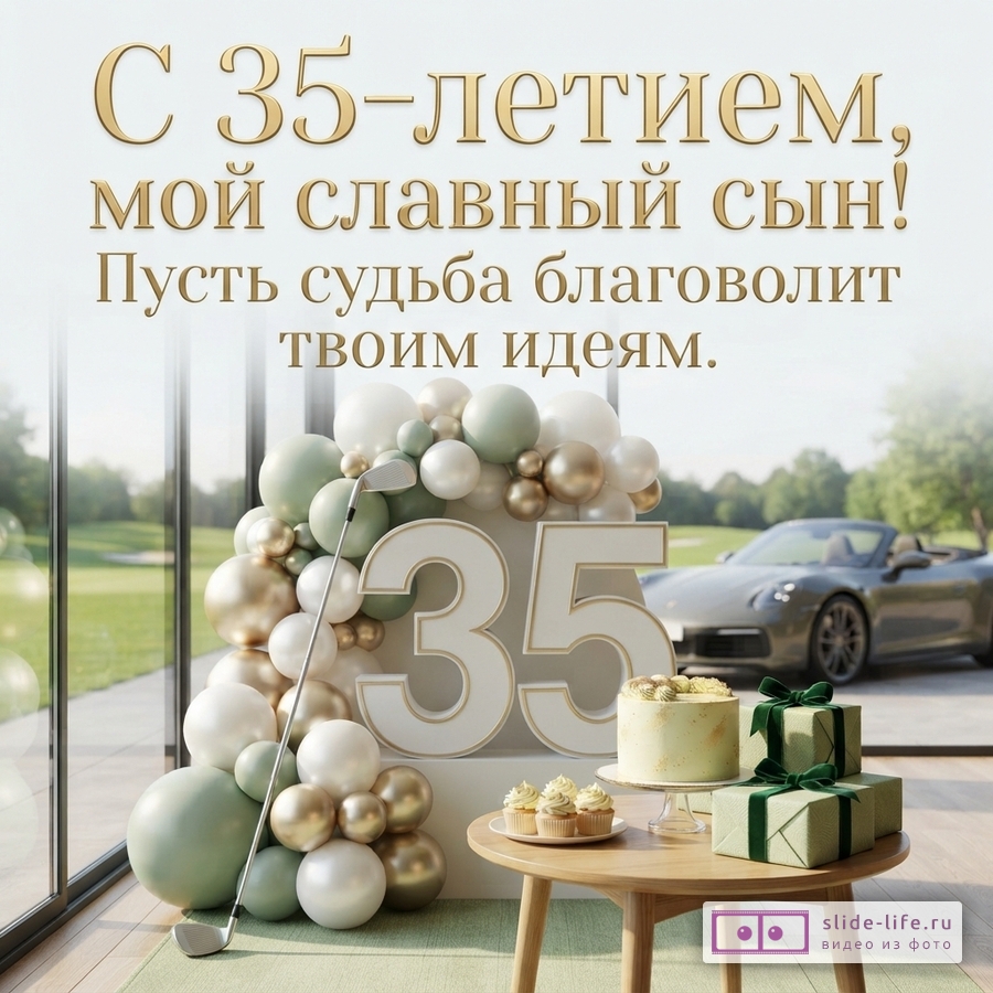 Открытка с юбилеем 35 лет сыну. Цифра 35, воздушные шары, торт с капкейками на столике, клюшка для гольфа и кабриолет за окном с надписью «С 35-летием, мой славный сын! Пусть судьба благоволит твоим идеям.»