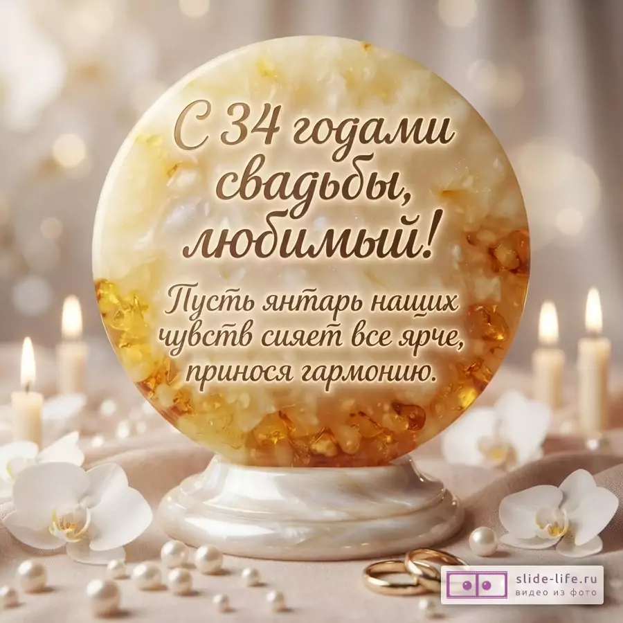 Круглая янтарная статуэтка на бежевом фоне с размытыми огоньками и свечами, белыми орхидеями и жемчугом. На статуэтке текст: «С 34 годами свадьбы, любимый! Пусть янтарь наших чувств сияет все ярче, принося гармонию.»