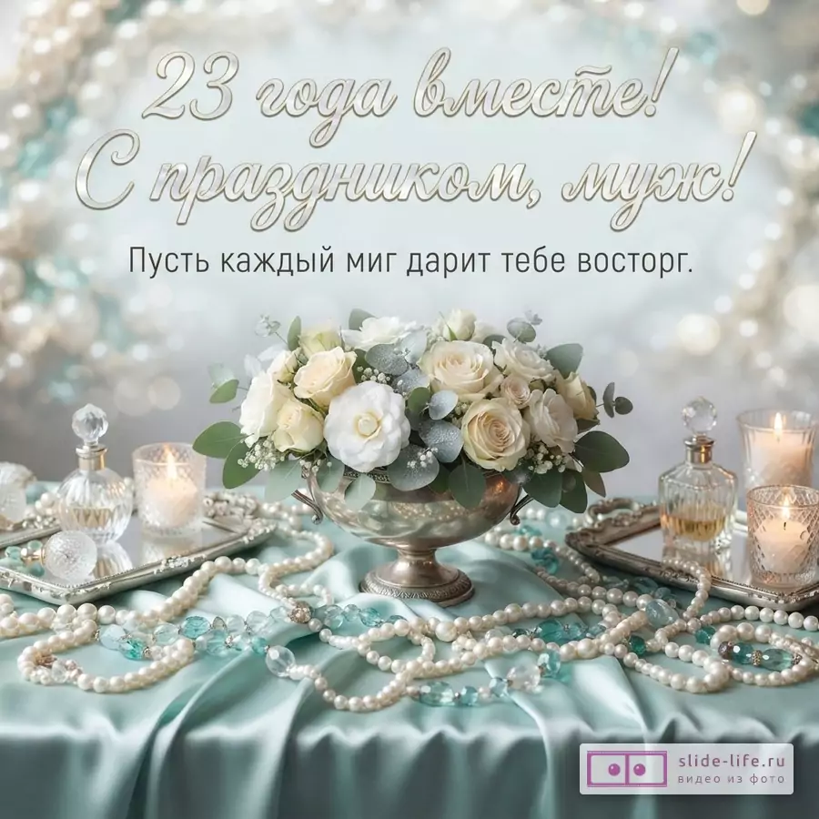 Букет белых роз в металлической чаше, нити жемчуга и свечи на бирюзовом атласе с надписью «23 года вместе! С праздником, муж! Пусть каждый миг дарит тебе восторг.»