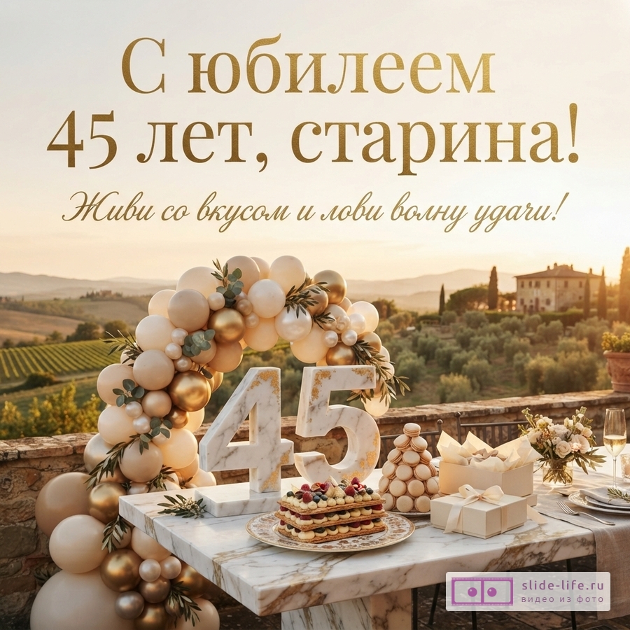 Открытка с юбилеем 45 лет другу. Золотой текст на светлом фоне. На переднем плане стол с тортом, макарунами, подарками и цифрами «45» из мрамора. На заднем плане пейзаж с виноградниками.