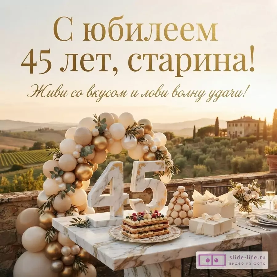 Открытка с юбилеем 45 лет другу. Золотой текст на светлом фоне. На переднем плане стол с тортом, макарунами, подарками и цифрами «45» из мрамора. На заднем плане пейзаж с виноградниками.