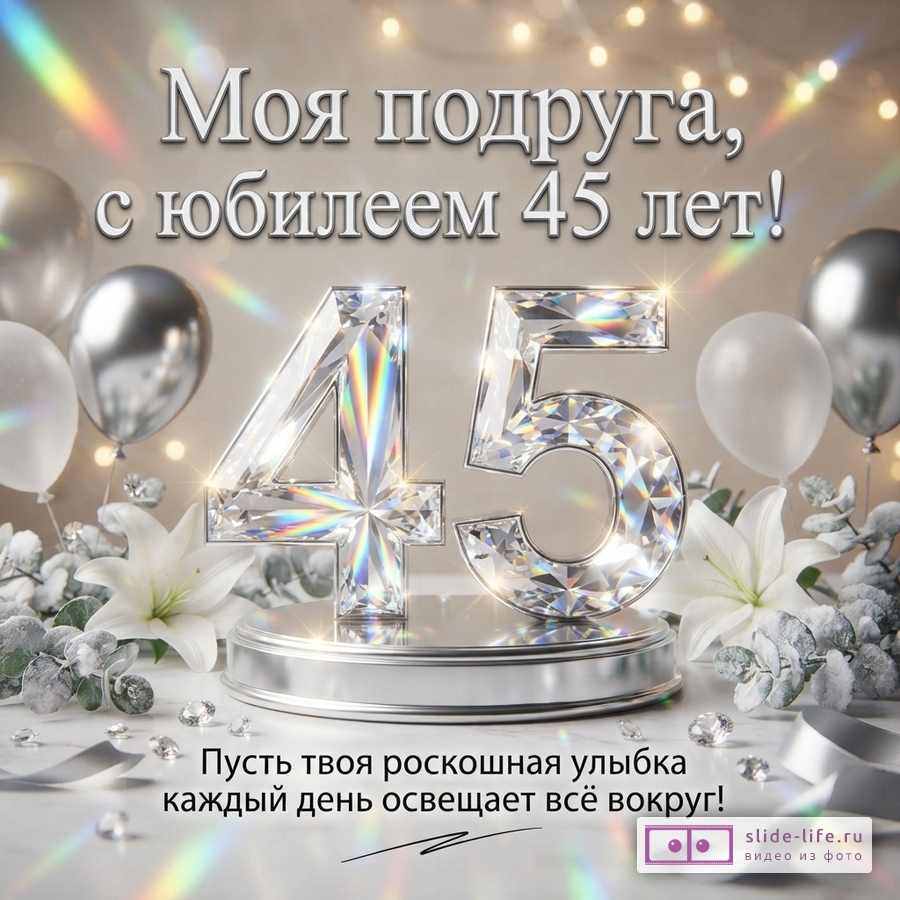 Открытка с бежевым фоном, серебряными шарами, белыми лилиями и бриллиантами. В центре крупные бриллиантовые цифры «45». Текст: «Моя подруга, с юбилеем 45 лет! Пусть твоя роскошная улыбка каждый день освещает всё вокруг!»