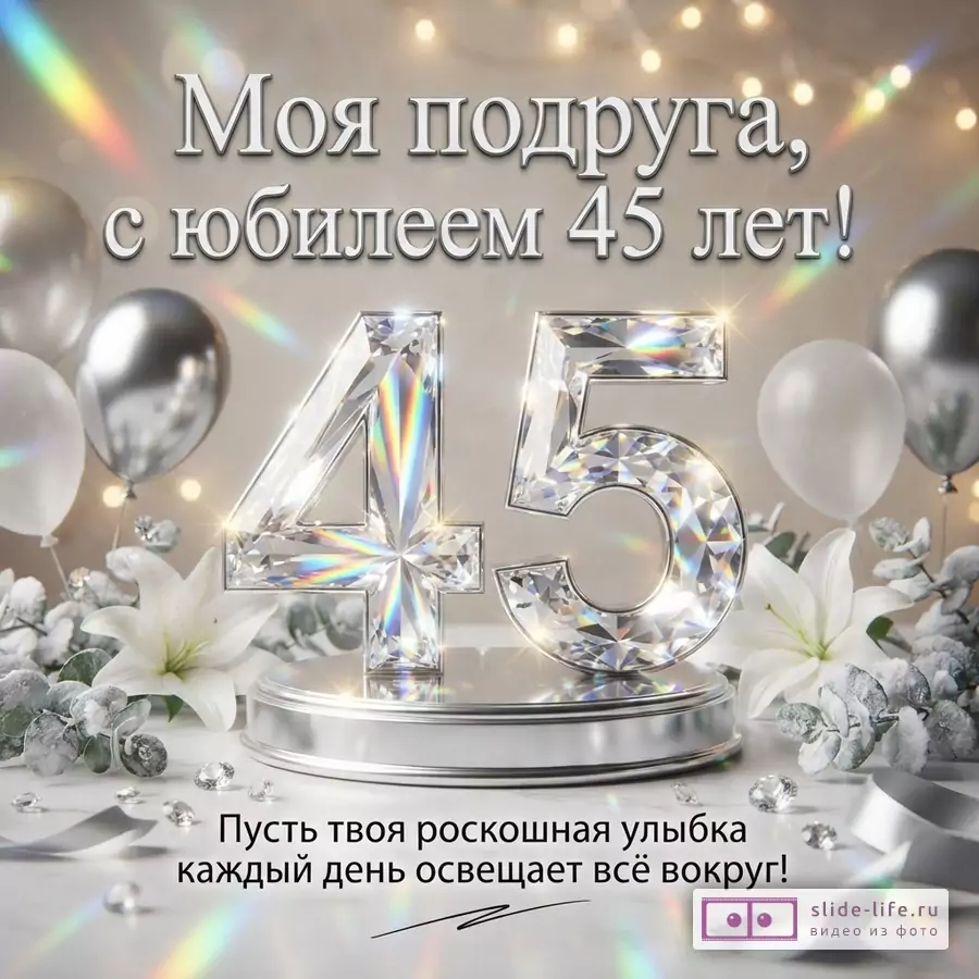 Открытка с бежевым фоном, серебряными шарами, белыми лилиями и бриллиантами. В центре крупные бриллиантовые цифры «45». Текст: «Моя подруга, с юбилеем 45 лет! Пусть твоя роскошная улыбка каждый день освещает всё вокруг!»