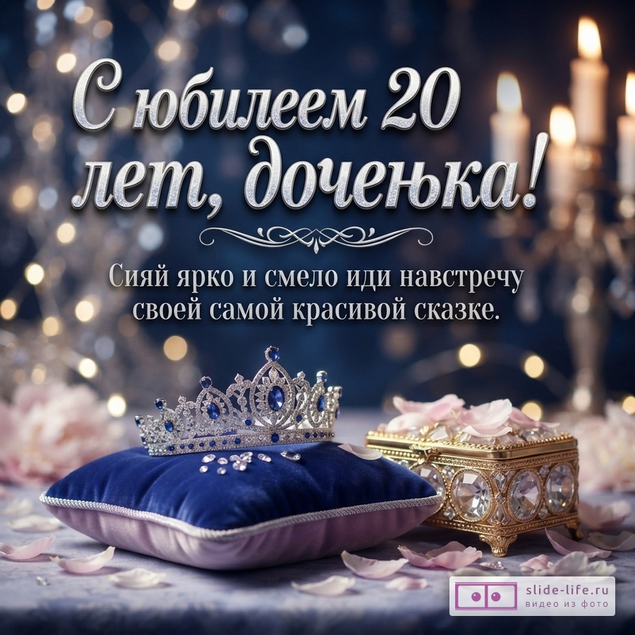 Синяя бархатная подушечка с инкрустированной короной и шкатулка на фоне свечей и боке с текстом «С юбилеем 20 лет, доченька! Сияй ярко и смело иди навстречу своей самой красивой сказке.»
