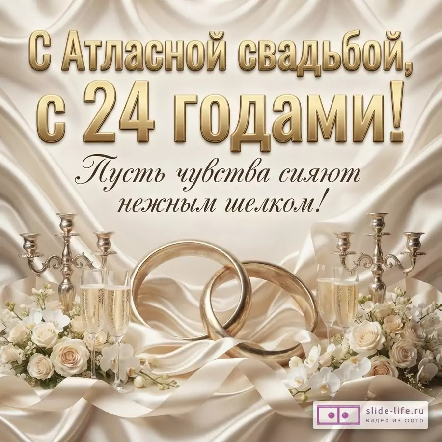Драпированная ткань цвета шампанского, белые розы, орхидеи, бокал игристого и надпись «С Атласной свадьбой, с 24 годами! Пусть чувства сияют нежным шелком!»