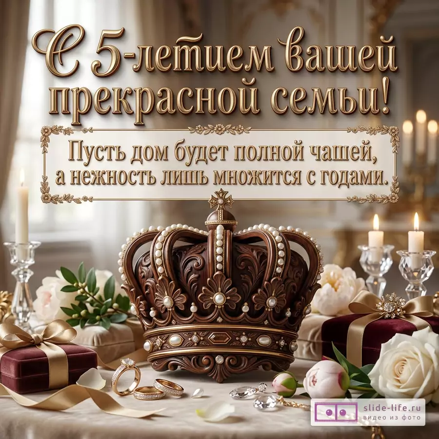 Открытка с текстом «С 5-летием вашей прекрасной семьи! Пусть дом будет полной чашей, а нежность лишь множится с годами.» бежевый фон, деревянная корона с жемчугом, свечи, бордовые подарочные коробки, кольца, белые и розовые цветы