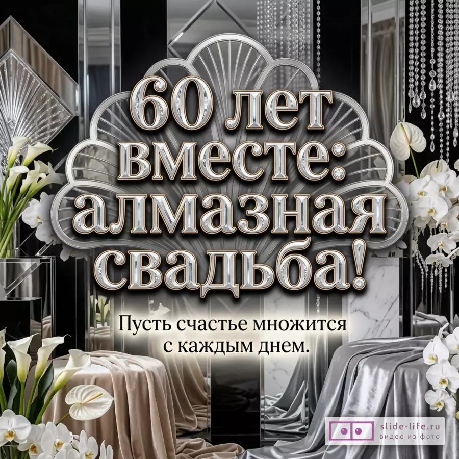 Серебристо-черная открытка с белыми цветами, зеркальными панелями, хрустальными подвесками и текстом «60 лет вместе: алмазная свадьба! Пусть счастье множится с каждым днем.»