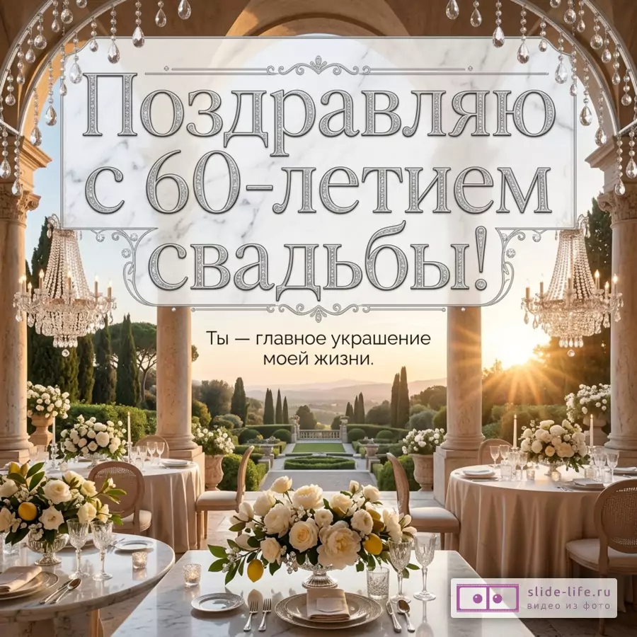 Белая мраморная табличка с текстом «Поздравляю с 60-летием свадьбы! Ты — главное украшение моей жизни.», арки, хрустальные люстры, столы с белыми цветами, закатный сад