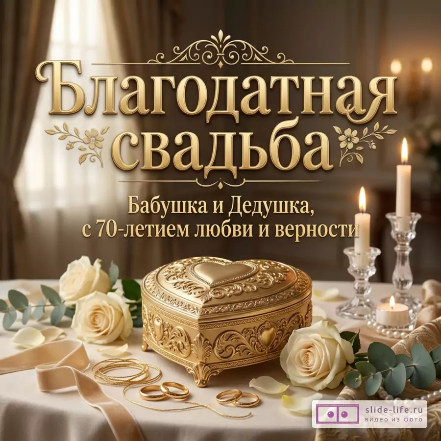 Золотая надпись «Благодатная свадьба Бабушка и Дедушка, с 70-летием любви и верности» на теплом коричневом фоне, шкатулка в форме сердца, белые розы, свечи, кольца