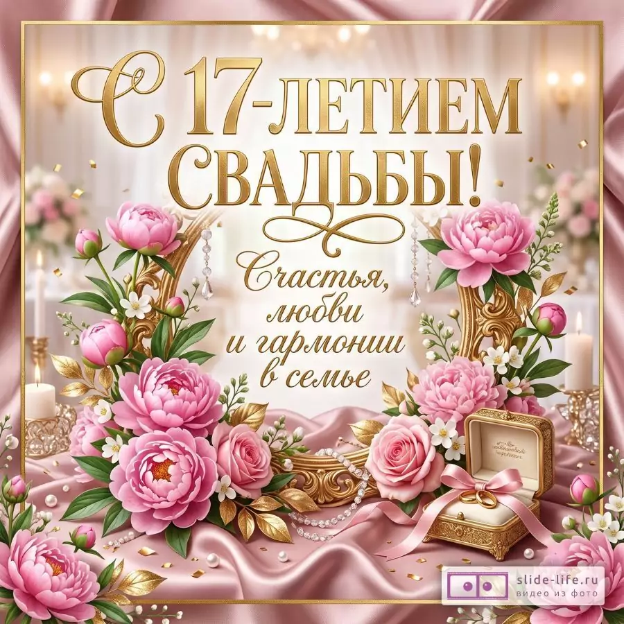 Розово-золотой фон с атласной тканью, пионами, розами, свечами, жемчугом, золотыми узорами и коробочкой с кольцами. Текст: «С 17-летием свадьбы! Счастья, любви и гармонии в семье»