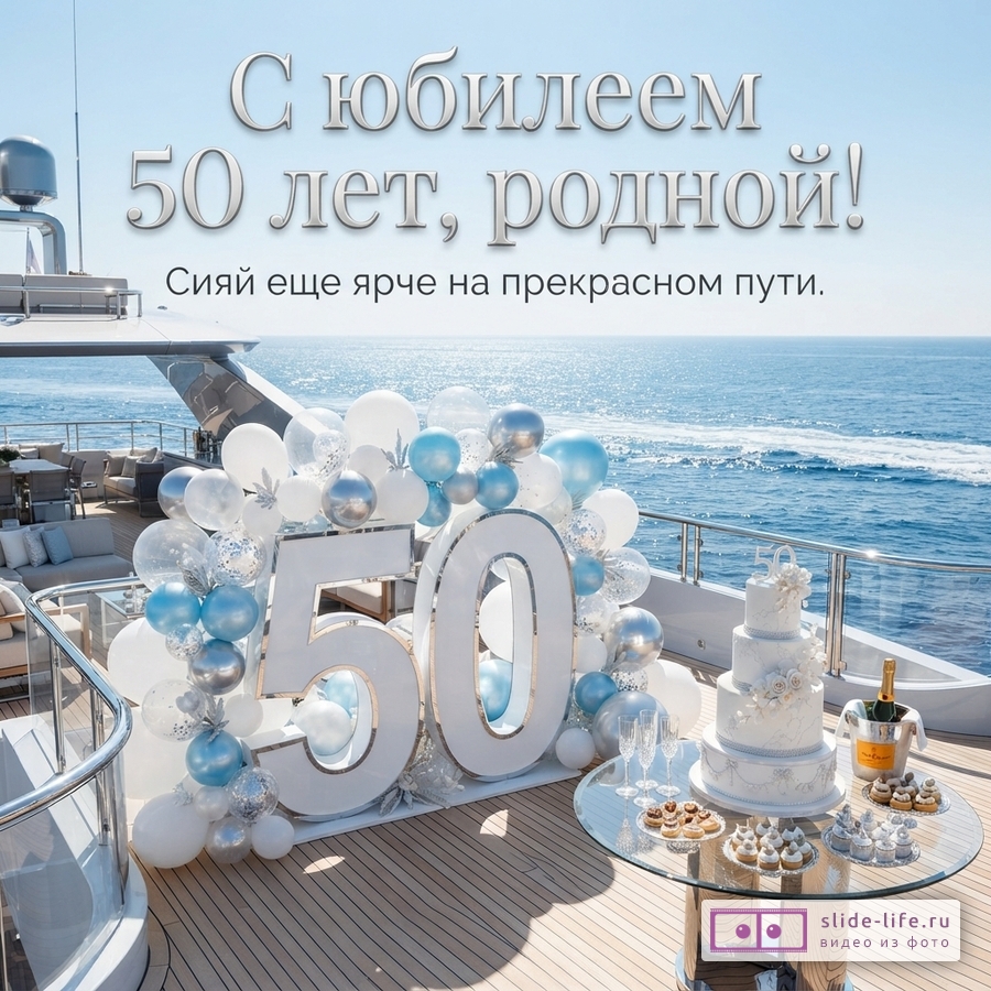 Открытка с юбилеем 50 лет на фоне яхты и моря. На палубе яхты цифры «50» из шаров, белый многоярусный торт, шампанское и пирожные. Текст: «С юбилеем 50 лет, родной! Сияй еще ярче на прекрасном пути.»