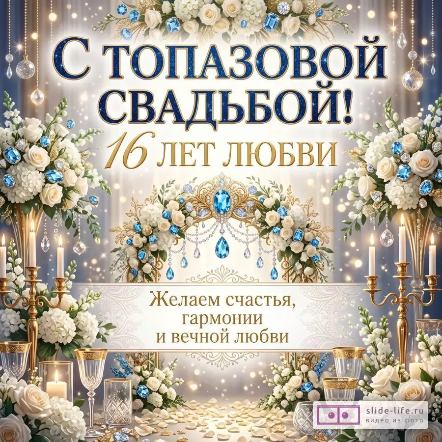 Бежево-золотая открытка с белыми розами, голубыми топазами и свечами; текст «С ТОПАЗОВОЙ СВАДЬБОЙ! 16 ЛЕТ ЛЮБВИ», «Желаем счастья, гармонии и вечной любви».