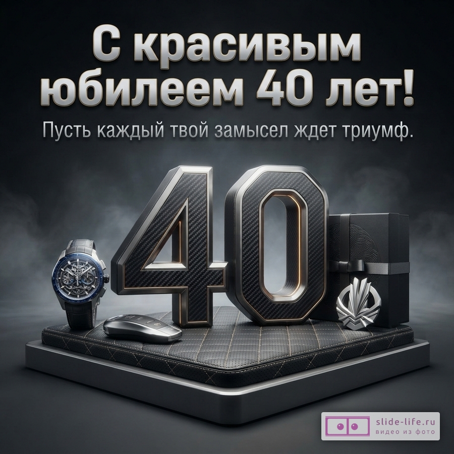 Темно-серый фон с дымкой. В центре композиции цифры «40» из черного карбона с золотистой окантовкой, стоящие на черной стеганой подушке. Рядом с цифрами слева лежат часы и ключ от машины, справа — черная подарочная коробка с серебристым бантом и значком. Над композицией текст: «С красивым юбилеем 40 лет! Пусть каждый твой замысел ждет триумф.»