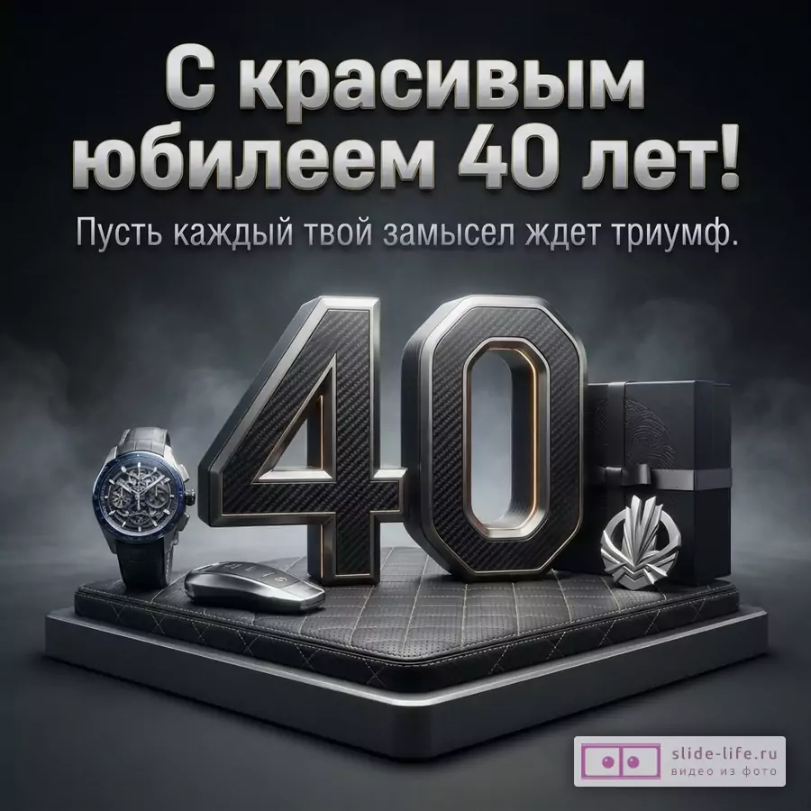 Темно-серый фон с дымкой. В центре композиции цифры «40» из черного карбона с золотистой окантовкой, стоящие на черной стеганой подушке. Рядом с цифрами слева лежат часы и ключ от машины, справа — черная подарочная коробка с серебристым бантом и значком. Над композицией текст: «С красивым юбилеем 40 лет! Пусть каждый твой замысел ждет триумф.»