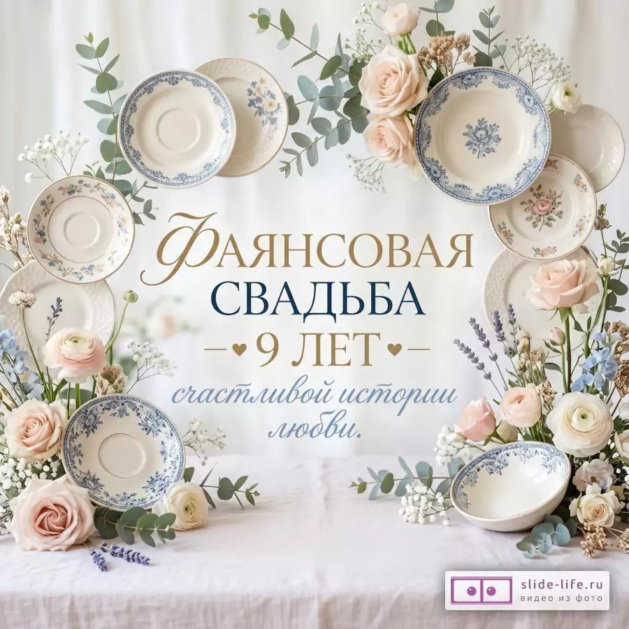 Белый и кремовый фон, тарелки и пиалы с синим цветочным узором, розовые и белые розы, зелень, текст «Фаянсовая свадьба 9 лет счастливой истории любви.»