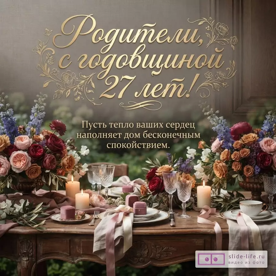Открытка на серо-коричневом фоне с золотой надписью «Родители, с годовщиной 27 лет!» и текстом «Пусть тепло ваших сердец наполняет дом бесконечным спокойствием.». Внизу накрытый стол с цветами, свечами и посудой.
