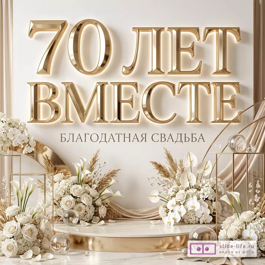 Белый и бежево-золотой фон, объемная золотая надпись «70 ЛЕТ ВМЕСТЕ», текст «БЛАГОДАТНАЯ СВАДЬБА», белые цветы, стеклянные шары, декоративные арки