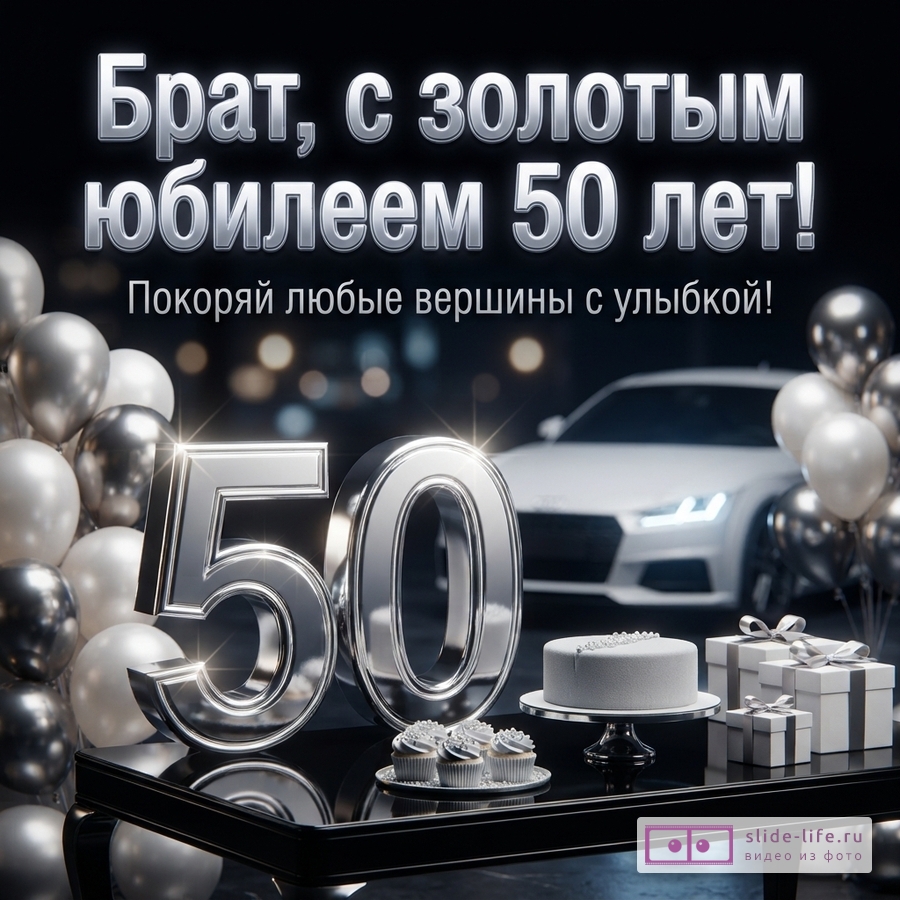 Открытка с черным фоном, серебряными буквами и цифрами «50», белой машиной, шарами, тортом и подарками. Текст: «Брат, с золотым юбилеем 50 лет! Покоряй любые вершины с улыбкой!»